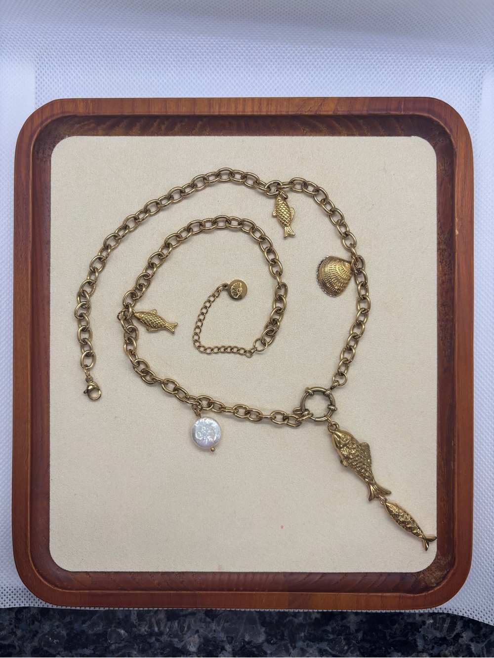 Gold-Tone Fish Charm Necklace with Pearl Accent
